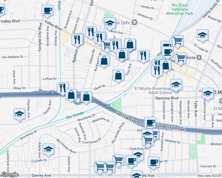 map of restaurants, bars, coffee shops, grocery stores, and more near 10302 Olney Street in El Monte