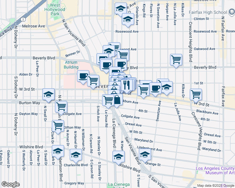 map of restaurants, bars, coffee shops, grocery stores, and more near 8461 Blackburn Avenue in Los Angeles
