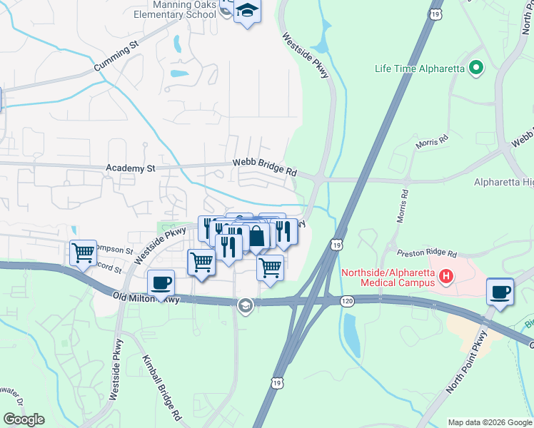 map of restaurants, bars, coffee shops, grocery stores, and more near 9040 Woodland Lane in Alpharetta