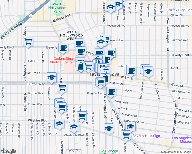 map of restaurants, bars, coffee shops, grocery stores, and more near 321 South San Vicente Boulevard in Los Angeles