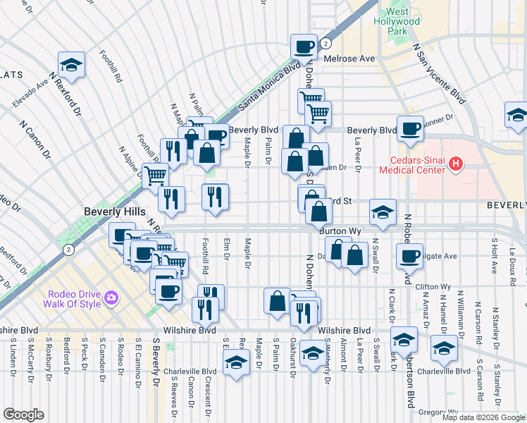 map of restaurants, bars, coffee shops, grocery stores, and more near 315 North Oakhurst Drive in Beverly Hills