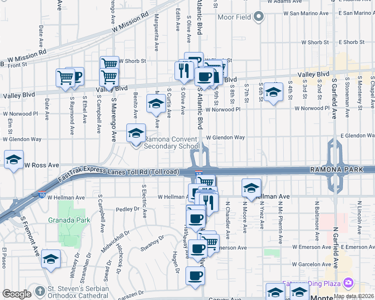 map of restaurants, bars, coffee shops, grocery stores, and more near 1836 South Olive Avenue in Alhambra