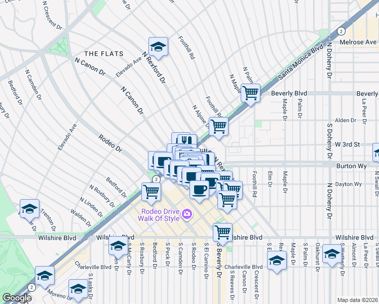 map of restaurants, bars, coffee shops, grocery stores, and more near 9846 Yoakum Drive in Beverly Hills