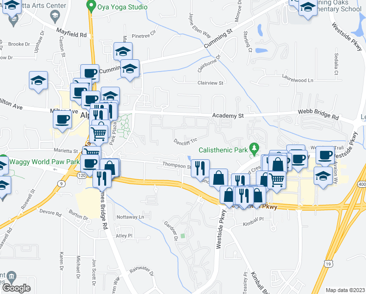 map of restaurants, bars, coffee shops, grocery stores, and more near 12310 Dancliff Trce in Alpharetta