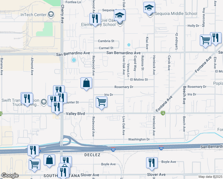 map of restaurants, bars, coffee shops, grocery stores, and more near 14828 Iris Drive in Fontana