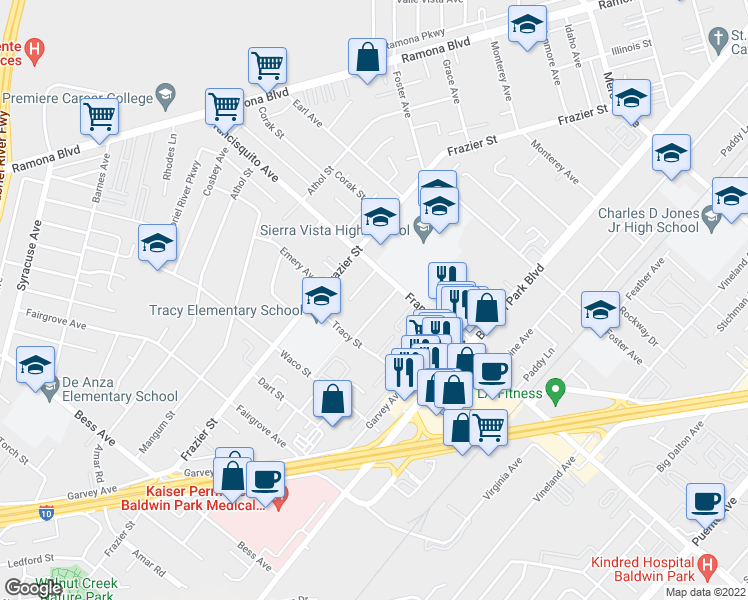 map of restaurants, bars, coffee shops, grocery stores, and more near 3425 Robinette Avenue in Baldwin Park