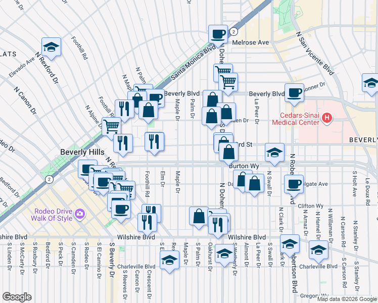 map of restaurants, bars, coffee shops, grocery stores, and more near 325 North Palm Drive in Beverly Hills