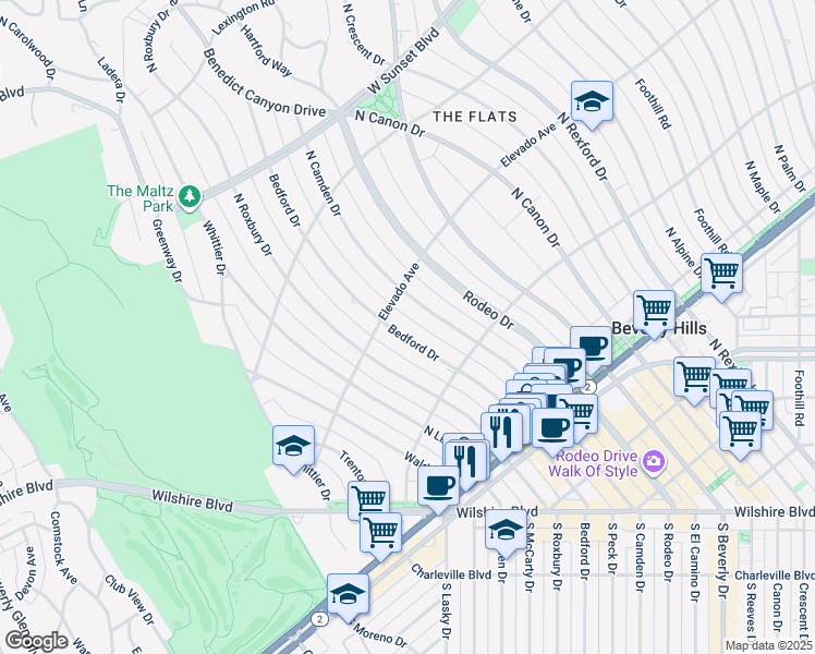 map of restaurants, bars, coffee shops, grocery stores, and more near 620 North Bedford Drive in Beverly Hills