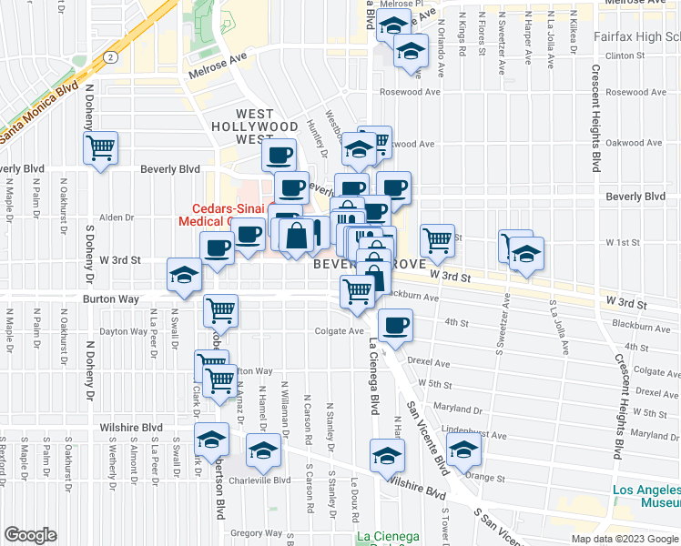 map of restaurants, bars, coffee shops, grocery stores, and more near 8569 Burton Way in Los Angeles