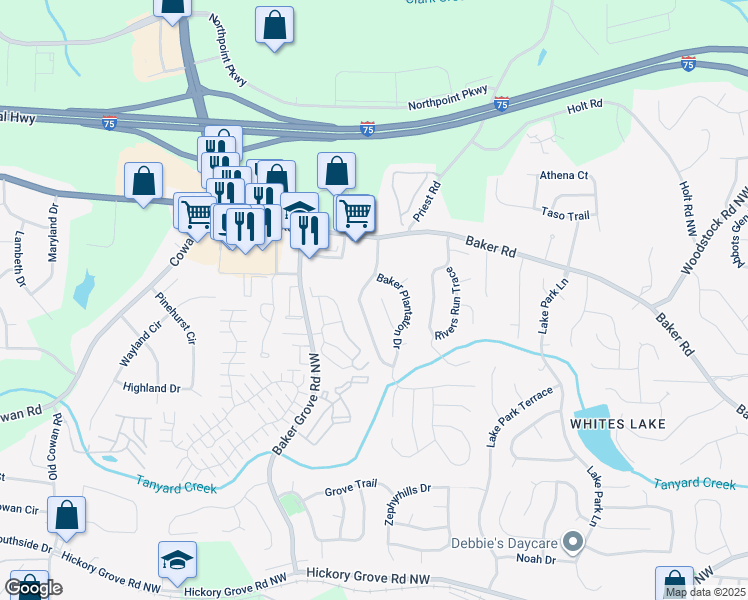 map of restaurants, bars, coffee shops, grocery stores, and more near 4915 Baker Ridge Place in Acworth