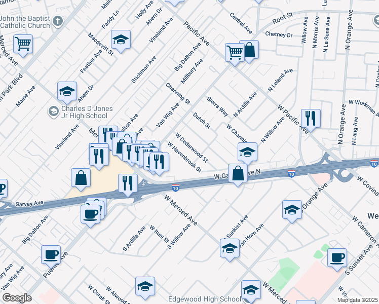 map of restaurants, bars, coffee shops, grocery stores, and more near 2403 West Havenbrook Street in West Covina
