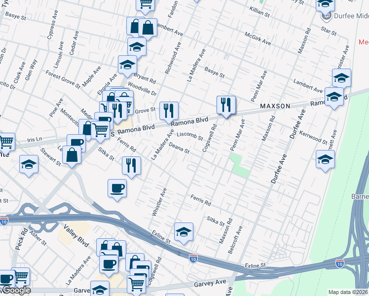 map of restaurants, bars, coffee shops, grocery stores, and more near 11914 Deana Street in El Monte