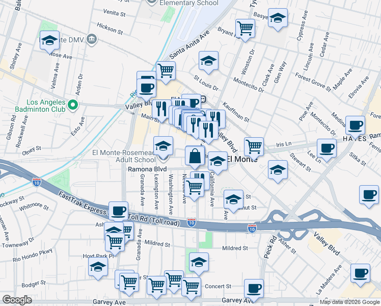 map of restaurants, bars, coffee shops, grocery stores, and more near 10953 Ramona Boulevard in El Monte
