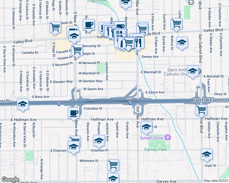map of restaurants, bars, coffee shops, grocery stores, and more near 201 West Ramona Boulevard in San Gabriel