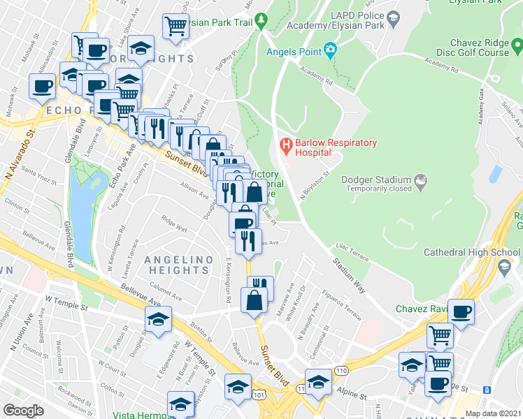 map of restaurants, bars, coffee shops, grocery stores, and more near 1249 Vin Scully Avenue in Los Angeles