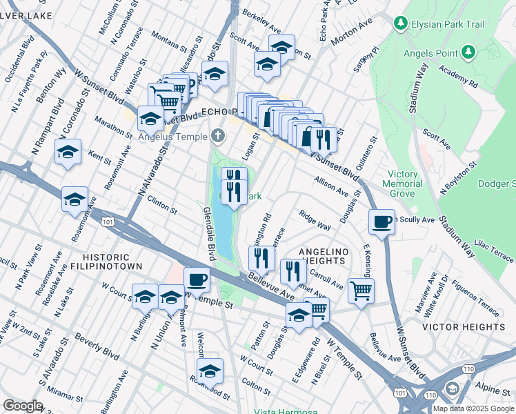 map of restaurants, bars, coffee shops, grocery stores, and more near 1048 West Kensington Road in Los Angeles