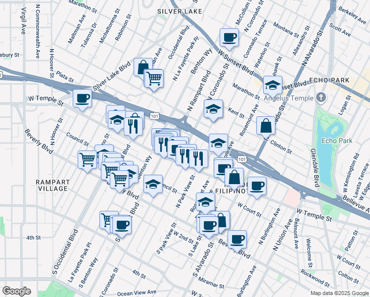 map of restaurants, bars, coffee shops, grocery stores, and more near 309 North Coronado Street in Los Angeles