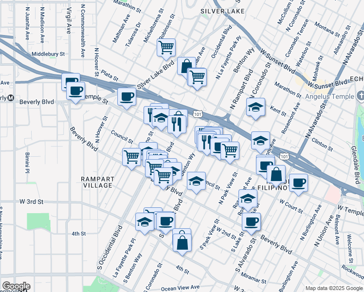map of restaurants, bars, coffee shops, grocery stores, and more near 2710 West Temple Street in Los Angeles