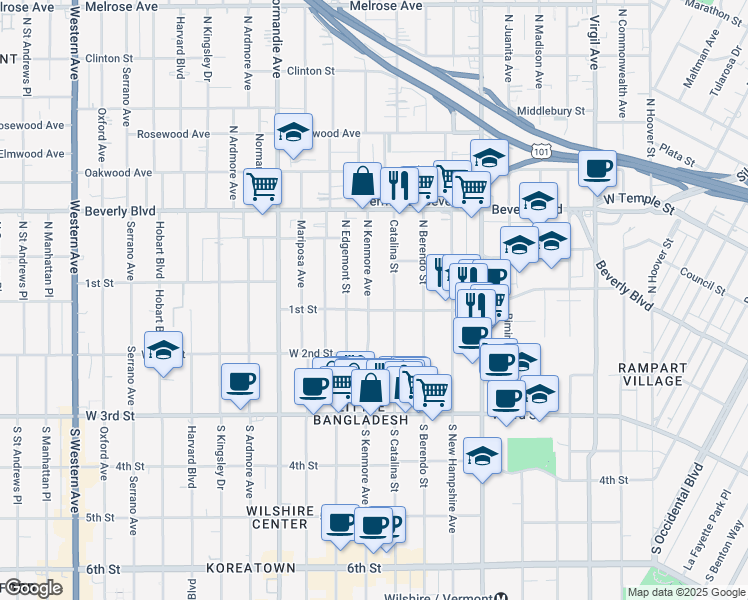 map of restaurants, bars, coffee shops, grocery stores, and more near 100 North Kenmore Avenue in Los Angeles