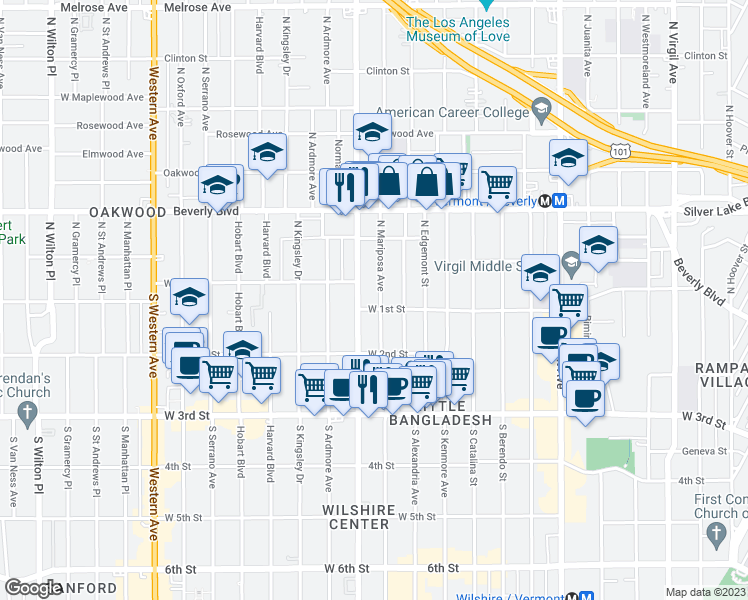 map of restaurants, bars, coffee shops, grocery stores, and more near 110 South Mariposa Avenue in Los Angeles