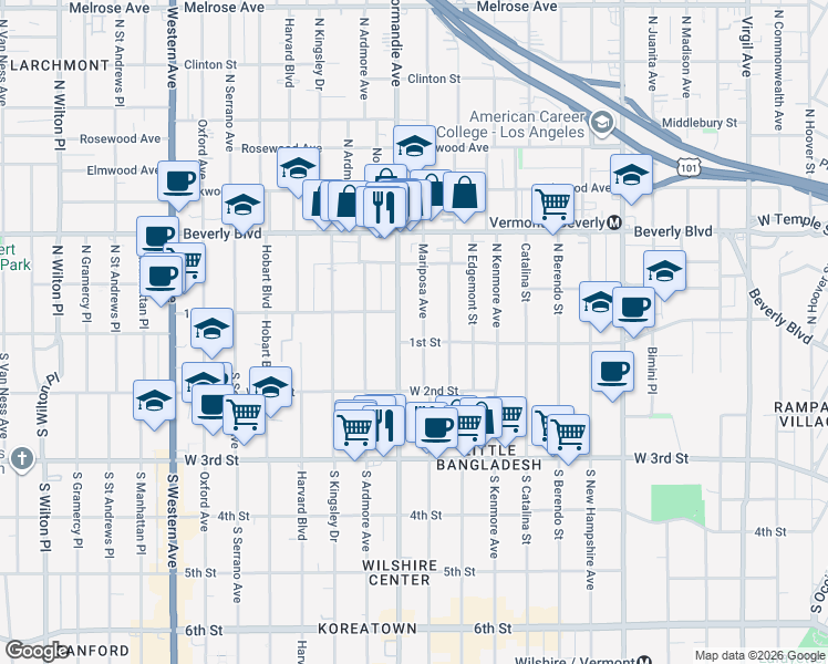 map of restaurants, bars, coffee shops, grocery stores, and more near 106 Normandie Avenue in Los Angeles