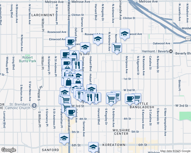 map of restaurants, bars, coffee shops, grocery stores, and more near 144 South Hobart Boulevard in Los Angeles