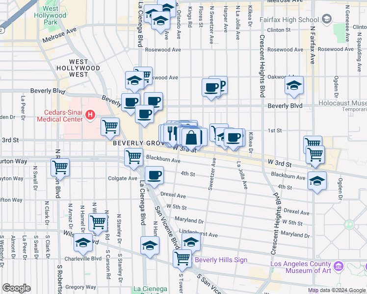 map of restaurants, bars, coffee shops, grocery stores, and more near 8371 Blackburn Avenue in Los Angeles