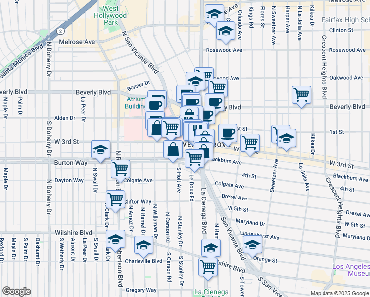 map of restaurants, bars, coffee shops, grocery stores, and more near 8569 Burton Way in Los Angeles