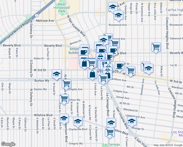 map of restaurants, bars, coffee shops, grocery stores, and more near 8569 Burton Way in Los Angeles