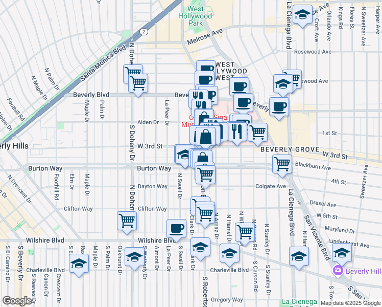 map of restaurants, bars, coffee shops, grocery stores, and more near in Beverly Hills