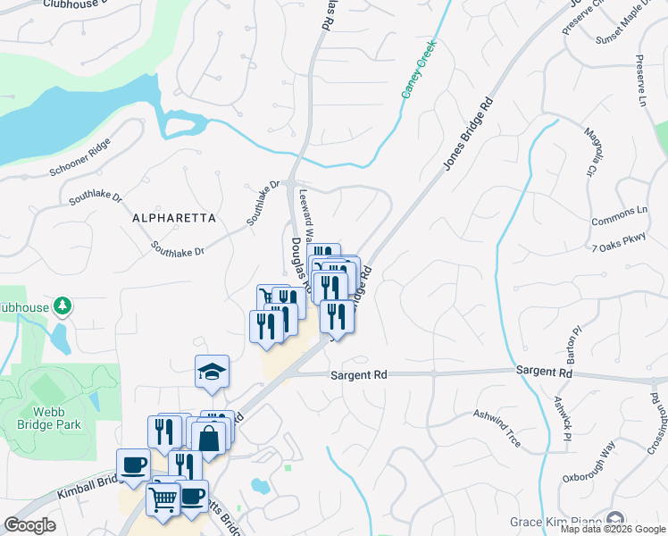 map of restaurants, bars, coffee shops, grocery stores, and more near 11910 Leeward Walk Circle in Alpharetta