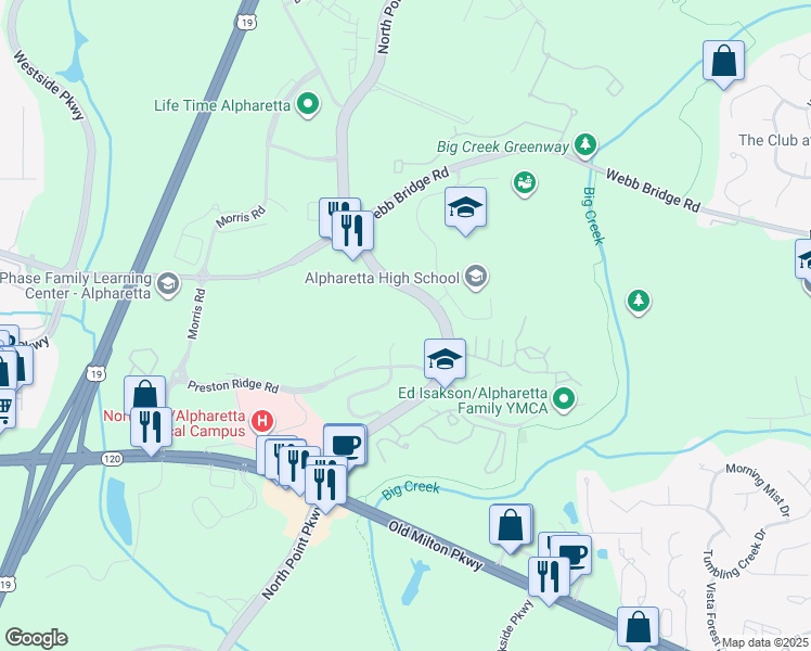 map of restaurants, bars, coffee shops, grocery stores, and more near 3480 Preston Ridge Road in Alpharetta