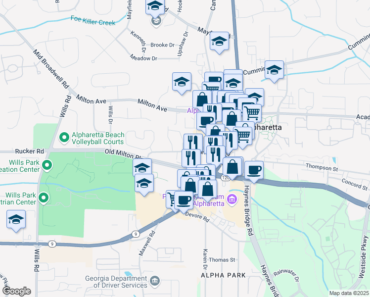 map of restaurants, bars, coffee shops, grocery stores, and more near 122 Marietta Street in Alpharetta