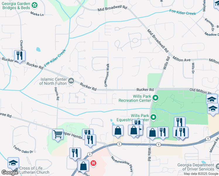 map of restaurants, bars, coffee shops, grocery stores, and more near 11925 Brisbane Drive in Alpharetta