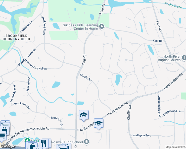 map of restaurants, bars, coffee shops, grocery stores, and more near 125 Fortuna Court in Roswell