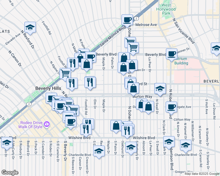 map of restaurants, bars, coffee shops, grocery stores, and more near 325 North Palm Drive in Beverly Hills