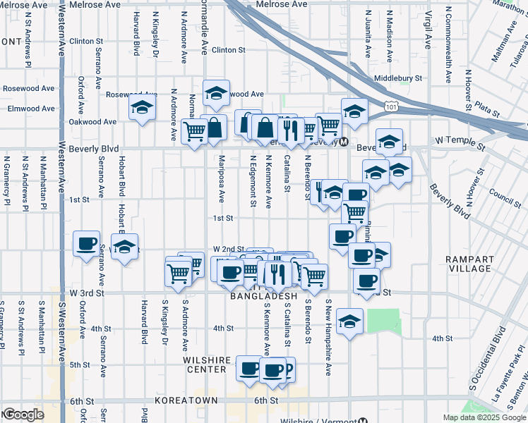 map of restaurants, bars, coffee shops, grocery stores, and more near 111 North Kenmore Avenue in Los Angeles