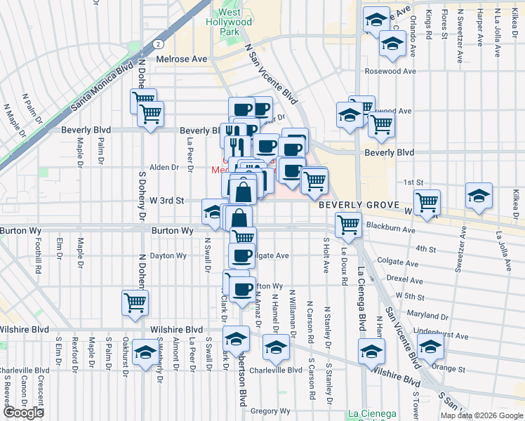 map of restaurants, bars, coffee shops, grocery stores, and more near 8757 Burton Way in West Hollywood