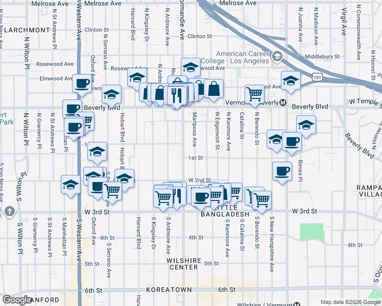 map of restaurants, bars, coffee shops, grocery stores, and more near 106 Normandie Avenue in Los Angeles