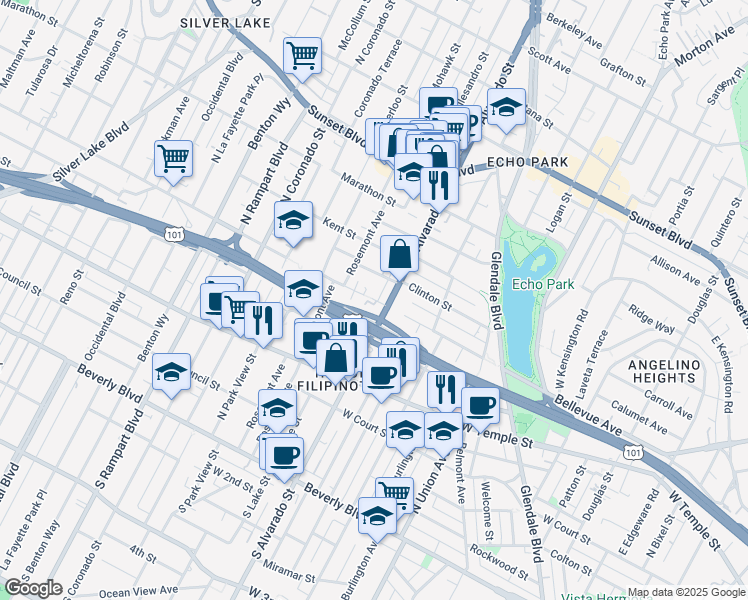 map of restaurants, bars, coffee shops, grocery stores, and more near Bellevue Avenue in Los Angeles