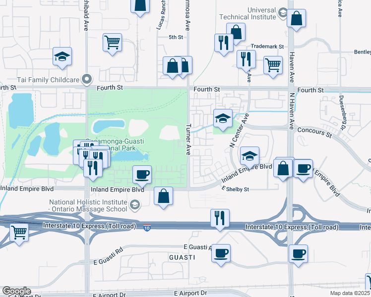 map of restaurants, bars, coffee shops, grocery stores, and more near 811 Turner Avenue in Ontario
