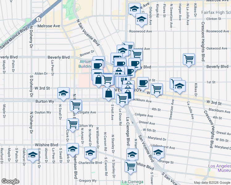 map of restaurants, bars, coffee shops, grocery stores, and more near 321 South San Vicente Boulevard in Los Angeles