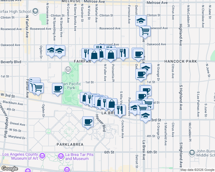 map of restaurants, bars, coffee shops, grocery stores, and more near 110 South Fuller Avenue in Los Angeles