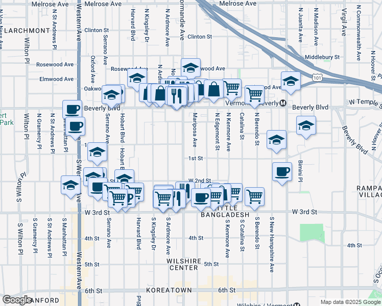 map of restaurants, bars, coffee shops, grocery stores, and more near 111 North Mariposa Avenue in Los Angeles