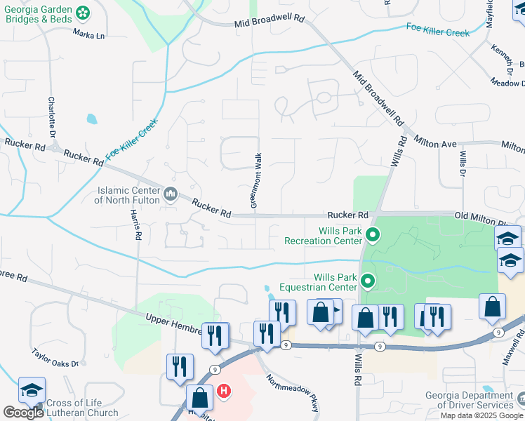 map of restaurants, bars, coffee shops, grocery stores, and more near 11925 Brisbane Drive in Alpharetta