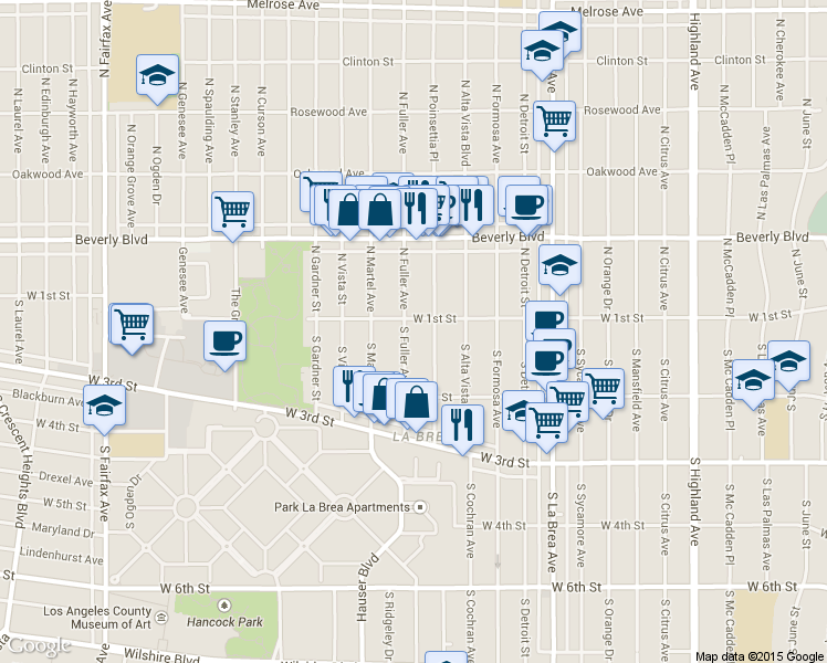 map of restaurants, bars, coffee shops, grocery stores, and more near 110 South Fuller Avenue in Los Angeles