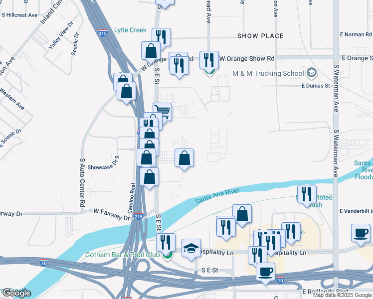 map of restaurants, bars, coffee shops, grocery stores, and more near 1465 South D Street in San Bernardino