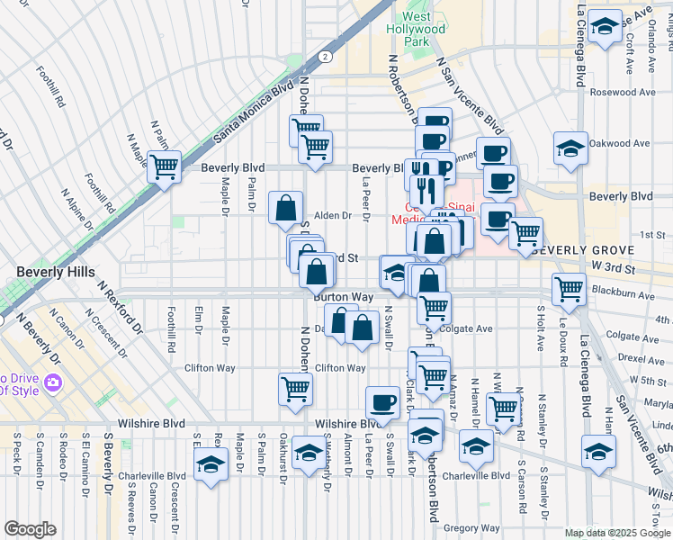 map of restaurants, bars, coffee shops, grocery stores, and more near 9000 West 3rd Street in Los Angeles