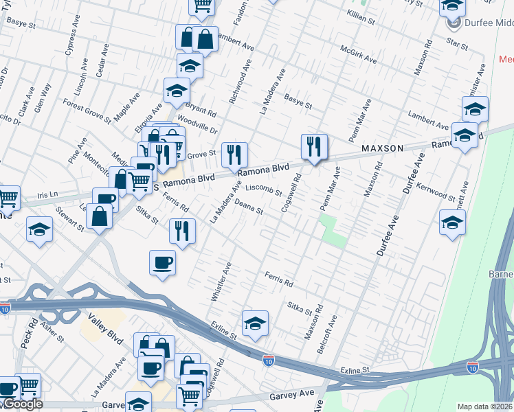 map of restaurants, bars, coffee shops, grocery stores, and more near 11914 Deana Street in El Monte