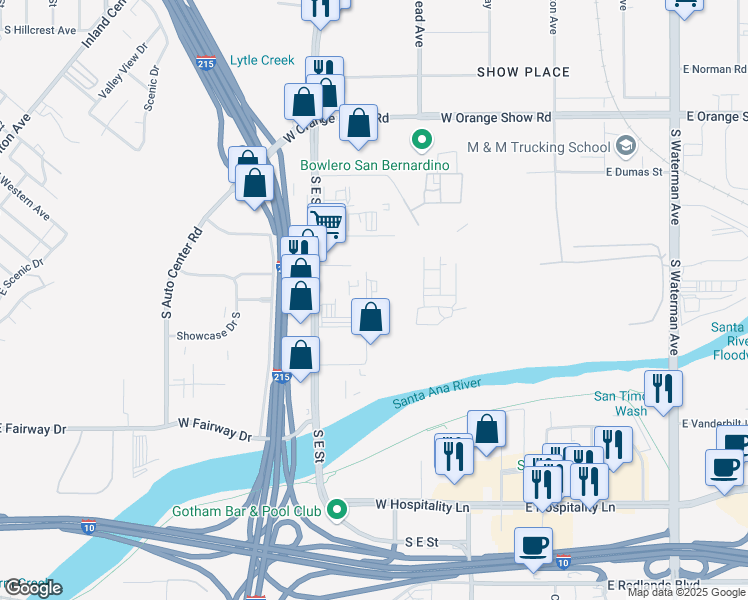 map of restaurants, bars, coffee shops, grocery stores, and more near 1465 South D Street in San Bernardino